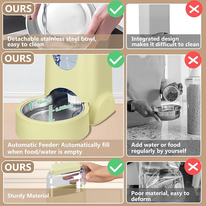 HWONMTE Portable Automatic Cat Feeder and Water Dispenser with Stainless Steel Bowl Dog Gravity Food Feeder and Waterer for Small Medium Pets Puppy Kitten 1 Gallon x 2 (Cream Yellow) - Image 4