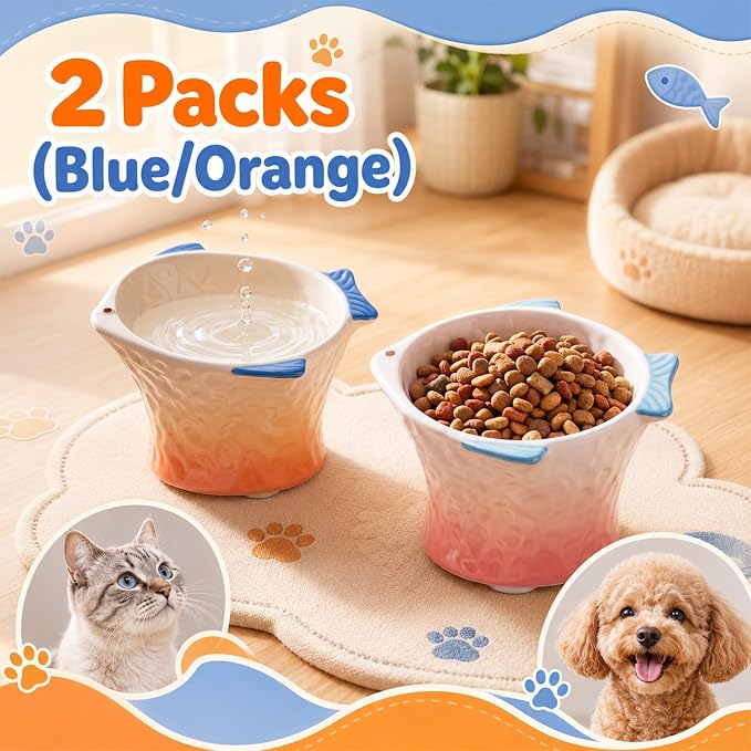 Tioncy 2 Pcs Raised Tilted Ceramic Cat Food Bowl Fish Shape Cute Elevated Slanted Shallow Angled Cat Dish Non Slip Feeder Bowl for Anti-Vomiting and Fatigue (Pink,Orange) - Image 6