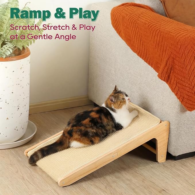 Zakkart L-Shaped Sisal Cat Scratcher, 24.8'' Tall Convertible 70° Vertical Scratching Pad & 20° Ramp Scratcher, Natural Sisal Mat, Solid Wood Frame, Helps Protect Furniture, Easy Assembly (Natural) - Image 3