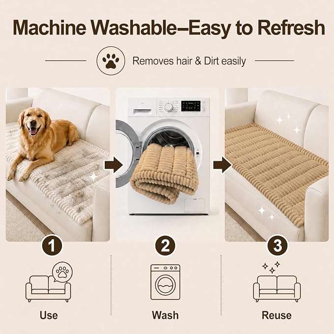 decorUhome Couch Cover for Dogs, Non Slip Fuzzy Thick Pet Sofa Protector | Pet Friendly, Machine Washable, Fits 3-Cushion Sofa, Protects Against Pet Hair & Daily Messes, Camel, 27.6" x 70.9" - Image 8
