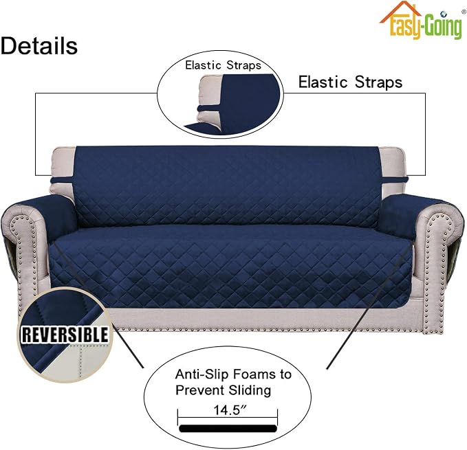 Easy-Going Reversible Loveseat Couch Cover for 2 Cushion Couch Sofa Cover for Dogs Water Resistant Furniture Protector with Foam Sticks Elastic Straps for Pet (Loveseat, Navy/Ivory) | Machine Washable Slipcover For Dogs, Water Resistant Furniture Mat F... - Image 3