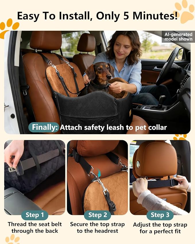 Dog Car Seat for Smal Dogs Up to 35lb,Machine Washable Dog Booster Car Seat | 2-in-1 Design, Dog Car Bed Fits Car Seat and home, Safety Leashes, Easy Install, Anti-Slip, Storage Pockets, Detachable Cover - Image 6