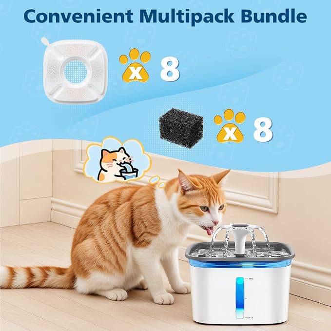 16 Pcs Cat Water Fountain Filters for Veken 95oz 67oz 135oz Pet Fountain | Dog Water Fountain Automatic Dog Water Dispenser 8 Pcs Pet Fountain Filter Replacement & 8 Pcs Pre-Filter Sponges - Image 2