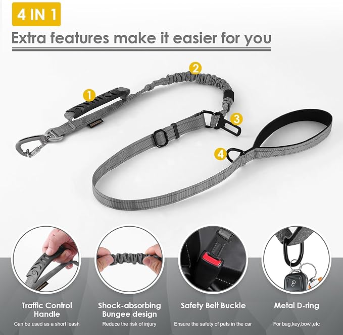 AUBELL Tactical Dog Leash Heavy Duty,4-6ft No Pull Bungee Leash,Grey | Reflective Dog Leash for Medium Large Dogs with Comfortable Padded Double Handle,Car Seat Belt,360 Degree Rotating Carabiner - Image 3