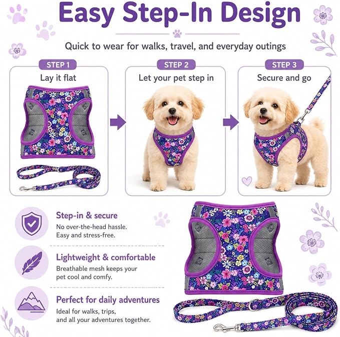 Step in Dog Harness Leash Set- All Weather Reflective No-Pull Floral Pattern Padded Mesh Vest Harness for Cats Puppy Extra-Small Small Medium Large Dogs - Dark Flower - XXS - Image 3