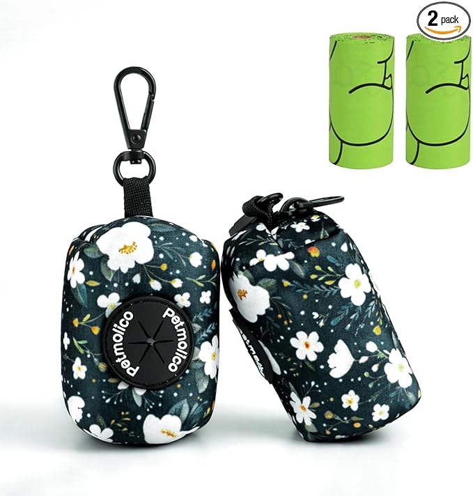 Petmolico Dog Poop Bag Holder Dispenser 2 Pack, Cyan & Flower | Zippered pouch fits any leash, includes free roll of bags, lightweight & portable for daily walks, travel & outdoor use by Petmolico