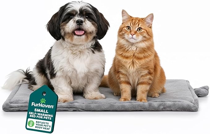 FurHaven ThermaNAP Self Warming Cat Mat, Dog Bed for Crates with Self-Warming Technology for Cozy Rest, Fully Machine Washable, Small, Plush Faux Fur, Gray by FurHaven