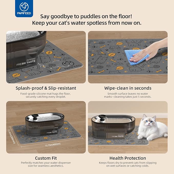 PAPIFEED Cat Water Fountain Stainless Steel with a Silicone Mat, 84oz/2.5L Automatic Pet Fountain with Water Level Window and LED Light, Quiet Low Power Cat Water Bowl & Cat Water Dispenser(Black) - Image 8