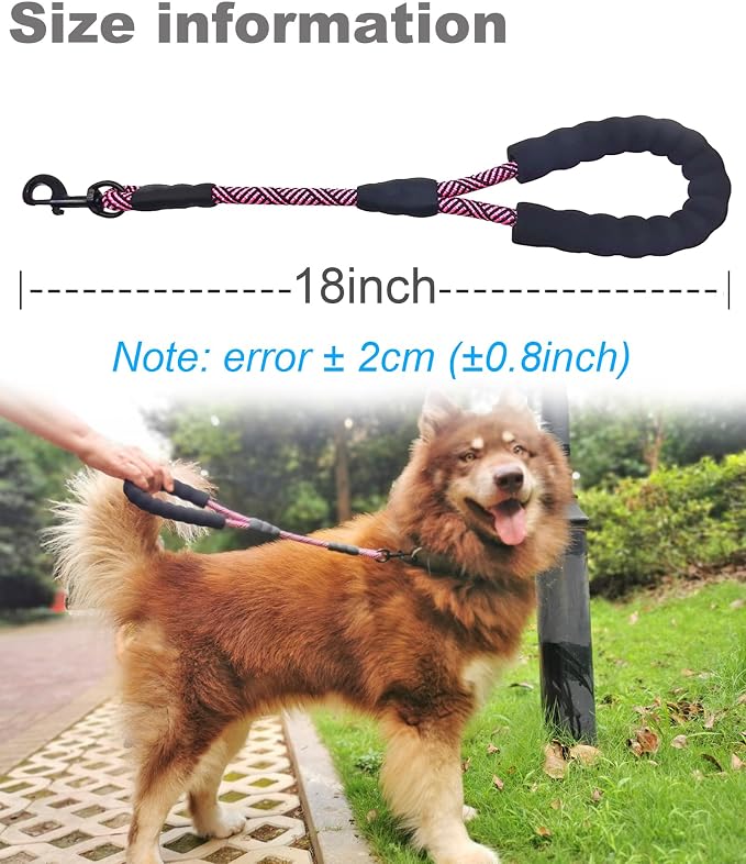 Short Dog Leash 18 Inch Rope Traffic Leash with Padded Dog Handle | 1.5FT Dog Lead 1/2” Strong Nylon Tab for Medium Large Dogs Training Walking (Pink) - Image 2