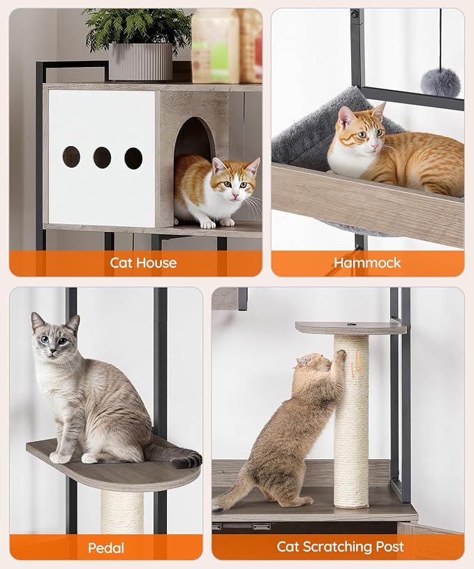 HOOBRO Cat Tree with Litter Box Enclosure, 58.7" H Cat Tower with Hidden Litter Box Furniture, with Scratching Post, Step, Hammock, Multifunctional Pet Furniture with Food Bowls, Greige BG30MZ03G1 - Image 6