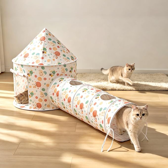 2-in-1 Cat Play Set, Pop-Up Cat Tunnel Rest Hut with Plush Ball Toys | Collapsible Cat Toys Combo with Tent & Ball for Indoor Tunnel, Hiding & Lounging，Suitable forca, dogs, rabbits. Perfect toy. - Image 8