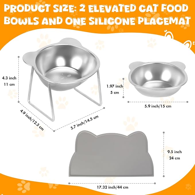 Elevated Cat Bowls, 2 Pack Raised Cat Food Water Bowls with Non-Slip Placemat, 15° Tilted Stand Anti Vomiting Stainless Steel Pet Food Feeding Dishes Plate for Cats Kitten Puppies Dogs Small Animals - Image 2