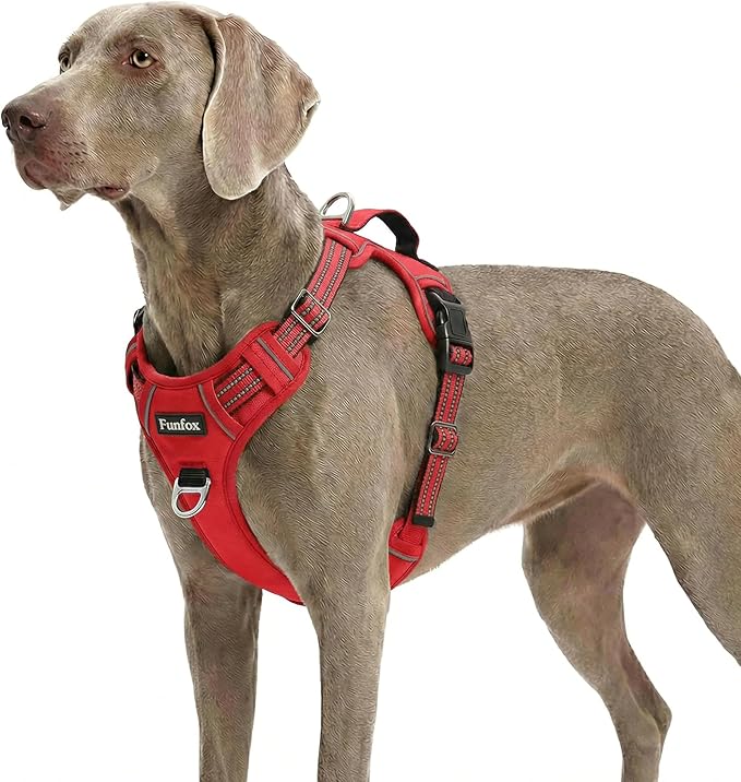 Dog Harness No Pull, Adjustable Pet Vest Harness, Super Soft Material with Vertical Handle Easy Control, Reflective Night Walking, 2 Leash Clips for XLarge Dogs, Red, XL by MyFUNFOX