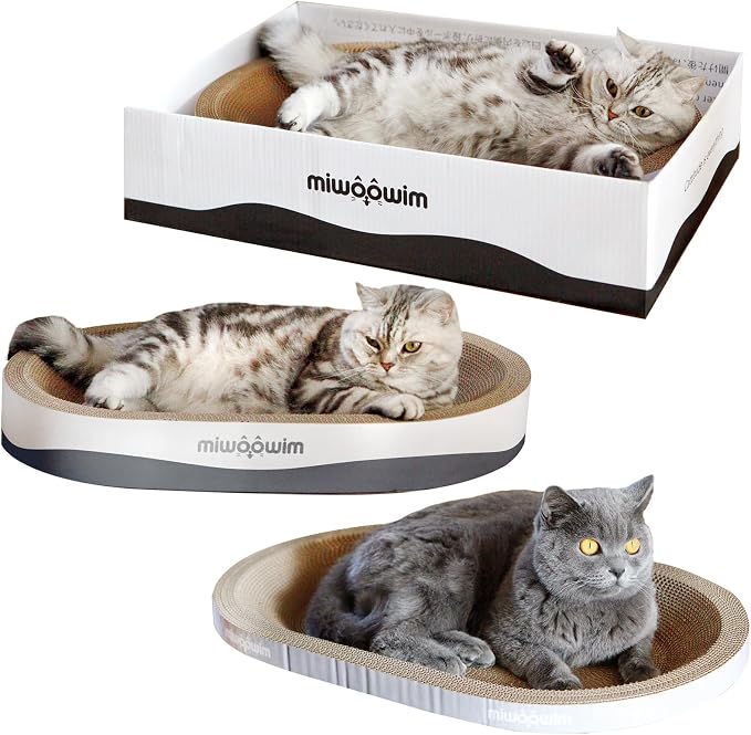 miwoowim 23.6" Extra Large Cat Scratcher Bed & Box Set, Oval Lounge Bowl | Includes 2 Oval Shape Beds & 1 Box with corrugated cardboard Scratch pad. Perfect for big cats and multi-cat households. - Image 3