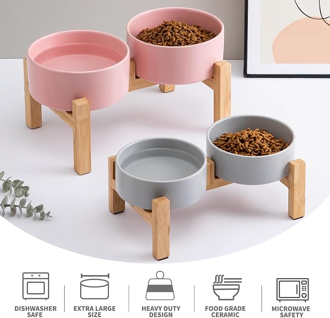 Elevated Ceramic Dog Bowl Set - Raised Dog Bowls with Non Slip Bamboo Stand, Food and Water Bowl Set for Kitty, Cats and Toy Breed Dogs, Pet Bowls, Weighted Dogs Dishes (5.1'', 2*16OZ, Grey) - Image 4
