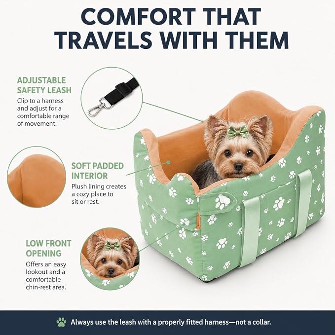 Dog Center Console Car Seat for Small Dogs Under 15lbs,Detachable Washable Booster Pet Car Seat Travel Bed with Storage Pockets and Seat Belt(Green) - Image 6