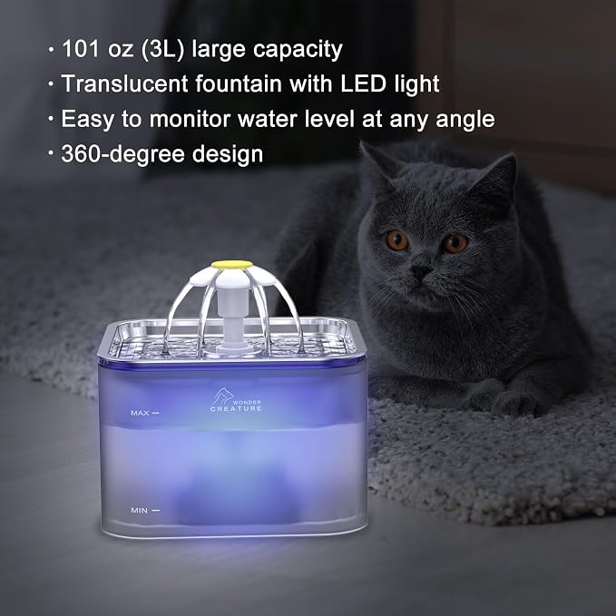 Wonder Creature Crystal Cat Water Fountain Stainless Steel Lid, 101oz/3L | Pet Fountain with Transparent Base, Quiet Pump, LED Indicator Light, Triple Filtration, 3 Flow Modes for Cats and Dogs - Image 2