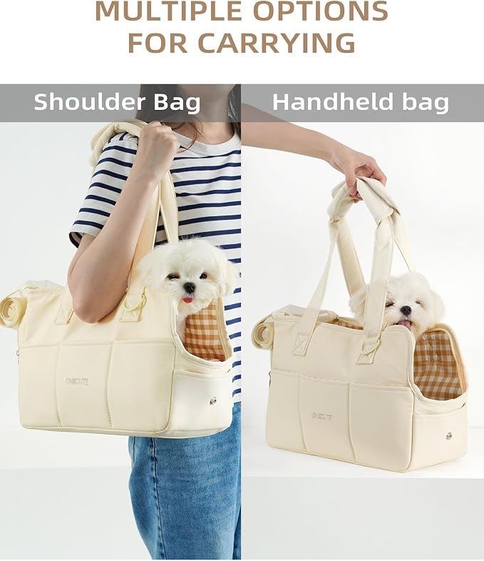 ONECUTE Dog Purse Carrier for Small Dogs Rabbit cat with Large Pockets, Cotton Bag, Dog Carrier Soft Sided, Collapsible Travel Puppy Carrier (Beige, 13.6" L x 6.5" W x 10" H) - Image 8