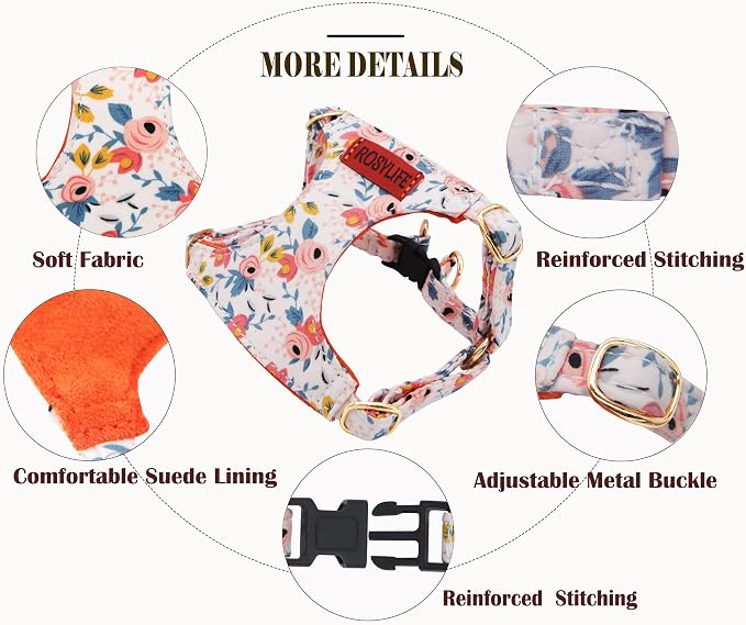 No Pull Dog Harness Adjustable Small Dog Harness and Leash Set, Lightweight and Soft Dog Harness No Choke Escape Proof Pet Harness Vest (Orange Rose, XS) - Image 4