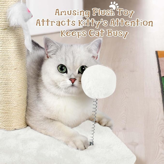 ANWA 32" Tall Sisal Cat Scratching Posts Tree for Indoor Cats Adults, White | Sisal Cat Scratcher, Small Space, Cat Post with Dangling Plush Toys for Indoor Cats, 15.7" Stable Base, Cat Furniture - Image 3