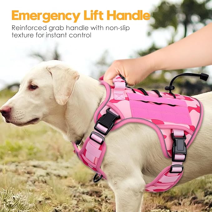 Heavy-Duty Tactical Dog Harness for Large Dogs, No Pull Adjustable Reflective Pet Vest with Molle System, K9 Military-Grade Control for Service Training, Outdoor & 10+ Breeds, Pink Camo, X-Large - Image 8