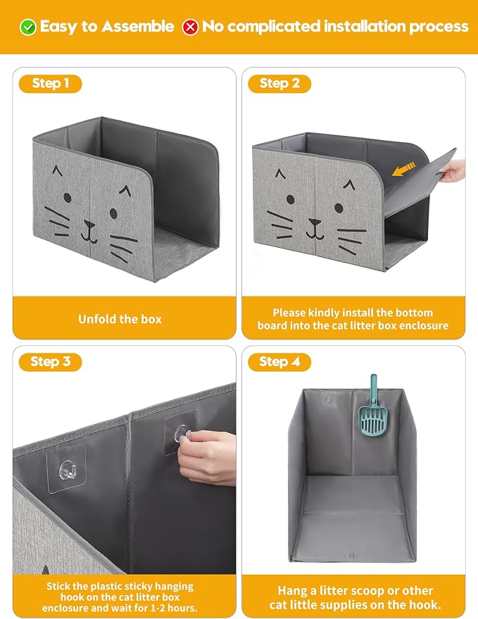 Waterproof Cat Litter Box Enclosure Splash Guard with Removable Mat, Cat Box Enclosure with 2 Hooks for Scoop, Anti-Leakage, Dust Control, Easy to Clean-24.02 x 16.14 x 16.14 inches - Image 4