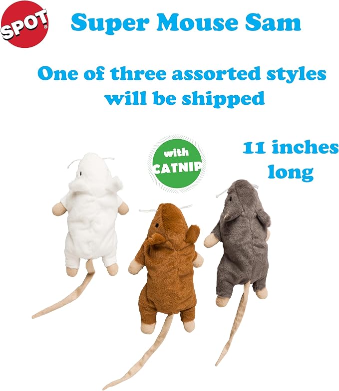 SPOT Super Mouse Sam with Catnip - Lifelike Cat Toy, Fuzzy Mice with Catnip and Crinkle Sound, Extra Large Size for Cuddling, Kicking, Chasing, Playing - 11in Plush Toys, Assorted Colors - Image 2