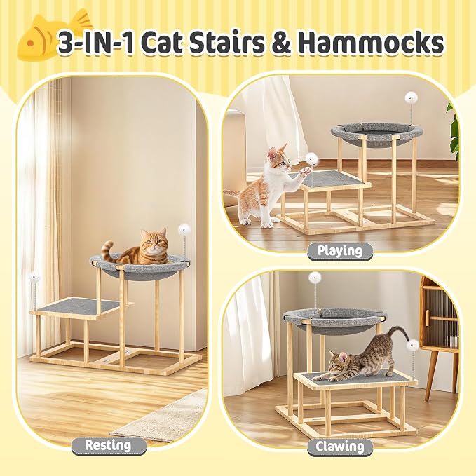 Pawaboo Elevated Cat Hammock Bed, 2-Tier Cats Bed with 2 Teasers | Wooden Cats Furniture with Kitten Scratching Mat, Double Cat Beds Interactive Stair Shaped Pet Hammock for Indoor Climbing - Image 3