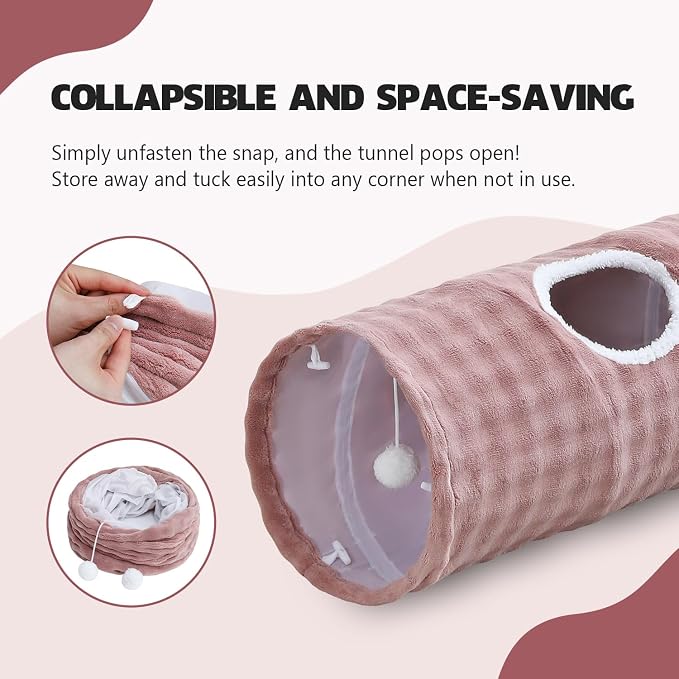 Straight Bubble Cat Tunnel for Indoor Cats 47"x12", Dusty Pink | Cute Cat Toys, Collapsible Tunnel Tube with Hanging Balls for Puppy Kitten Rabbit - Image 6
