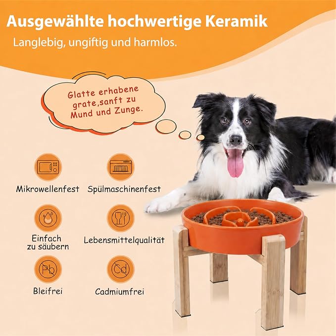 Elevated Slow Feeder Dog Bowl, 8.8" Ceramic Maze Dog Bowl with Stand | 3.2 Cups Slow Feeding Dog Dish for Fast Eaters, 7" Tall Anti-Slip Raised Slow Feeder for Medium to Large Breeds, Orange - Image 5