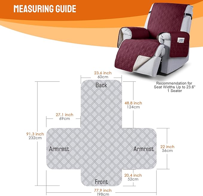 VANSOFY 100% Waterproof Recliner Chair Covers Washable, Burgundy, 23.6" | Non-Slip, Slipcover with Pocket, Furniture Protector, Elastic Straps, Chair Cover for Pets, Dogs - Image 2