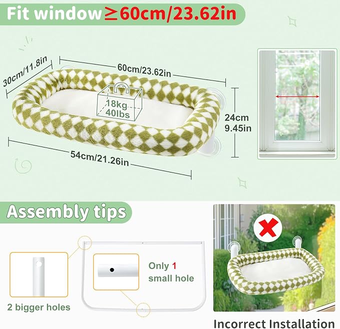 Sunhoo Cat Window Perch Bed Foldable Kitty Windowsill Hammock Shelf Seat Large Cats Suction Cup Indoor Kitten Window Sill Lounger with Soft Plush Cushion Machine Washable 21.26 * 11.8in (Green, M) - Image 4