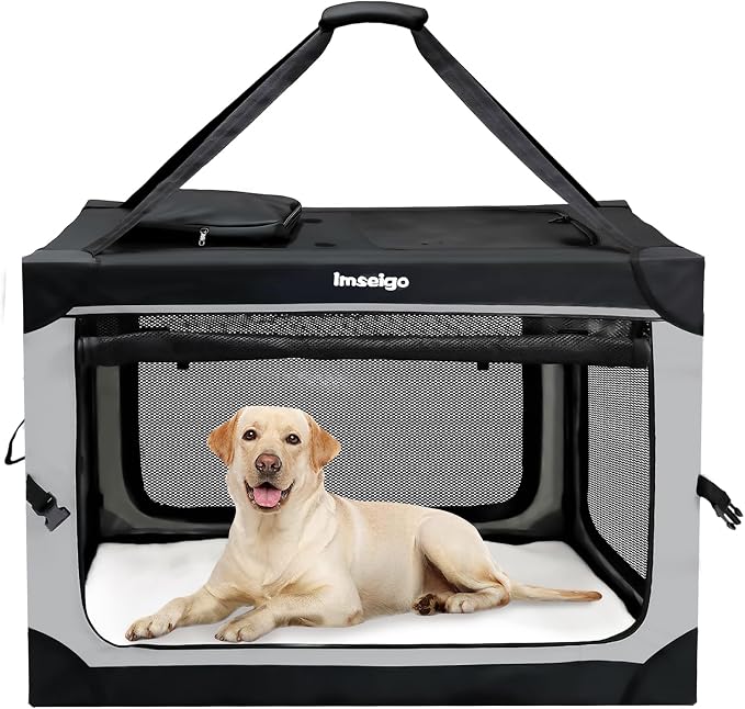 Collapsible Dog Crate, Portable Soft Dog Crate with Fleece Bed for Medium Dog, Folding Travel Carrier Kennel with 3-Door Mesh Windows for Indoor &Outdoor by IMSEIGO