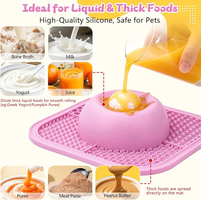 Slow Feeder Dog Bowls & Lick Mat for Liquid and Thick Treat, Anti-Slip Dog Lick Bowl with Interactive Rolling Ball, 5/6 Cup Pup Licking Toy for Large Medium Small Dogs and Cats Pink - Image 3