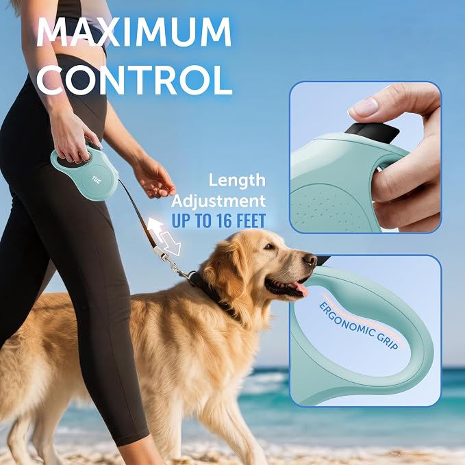 TUG Quest Retractable Dog Leash | 360° Tangle-Free | 16 ft Tape (S, Green) - Image 2