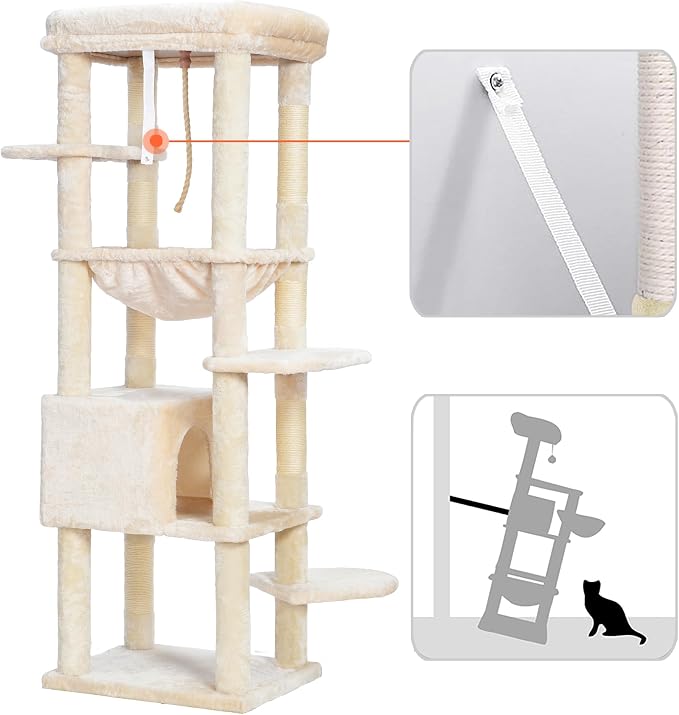 Heybly Cat Tree for Large Cats, 20lbs Heavy Duty, 60 inches HCT050M | Cat Tower for Indoor Cats with Big Padded Plush Perch, Multi-Level Furniture Condo with Cozy Basket, Beige - Image 4