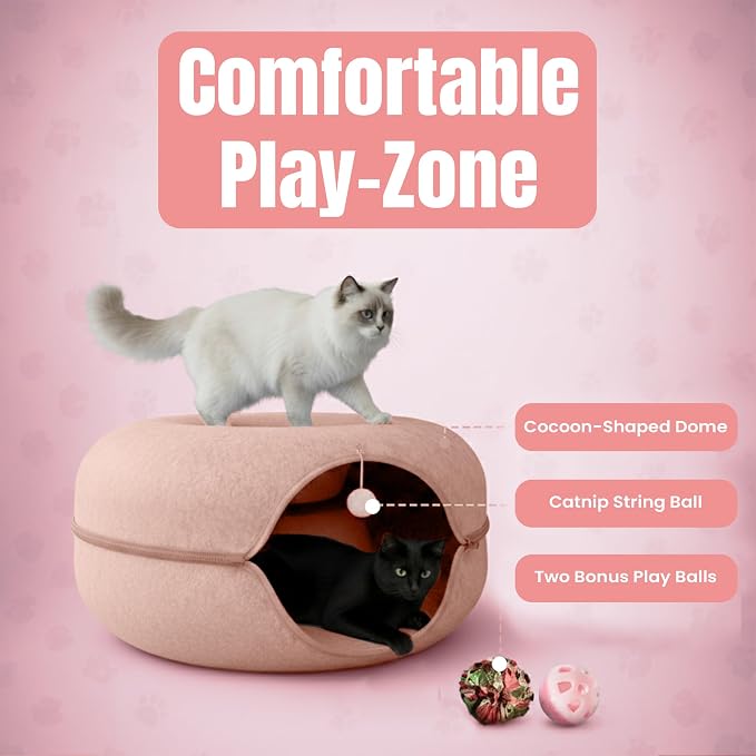 Okoco Cat Tunnel Bed for Indoor Cats Large, 24" Peekaboo Cat Cave Donut Bed for Pets up to 45lbs, 2-in-1 Round Tube with Hanging Ball Toy & Removable Machine Washable Parts (Pink) - Image 2