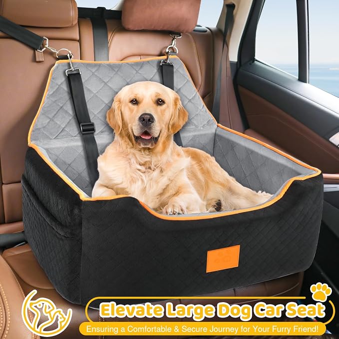 XIEEAOZEE Dog Car Seat for Large/Medium Dog, Booster Seat for Dogs Under 55Lbs or 2 Small, Detachable and Washable Travel Pet Seat with Thick Cushion and Storage Pockets (Black/Gray) - Image 3