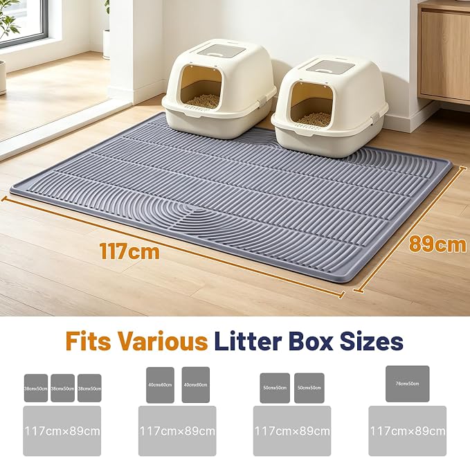 Cat Litter Mat, XL 46x35in Waterproof Silicone Litter Box Mat, Grey | XXL Cat Mat Fits 2-4 Litter Boxes, Litter Trapping Mat with Raised Edges & Textured Surface, Non-Slip Bottom, Easy Clean - Image 9