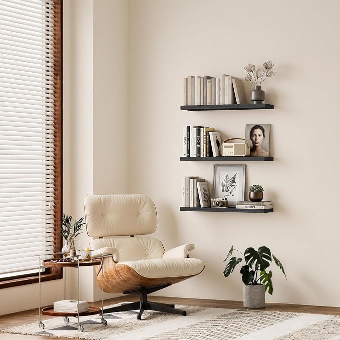 BAYKA Black Floating Shelves 35.4in, Set of 3, Wall Mounted for Wall Decor | Easy Install, 30lbs Max Load, Hidden Bracket, Shelving for Bathroom Bedroom Kitchen Display Storage, Multi-Wall Compatible - Image 2