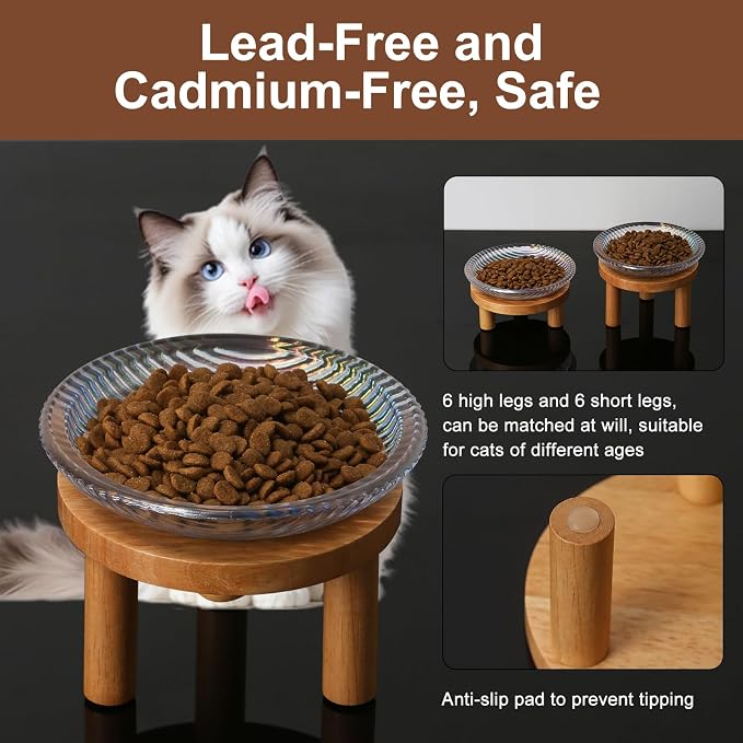 Cat Bowls Whisker Friendly with Wooden Stands. Raised Elevated Glass Whisker Fatigue Cat Bowl for Indoor Cats. 2PCS (Rainbow Colors) - Image 4