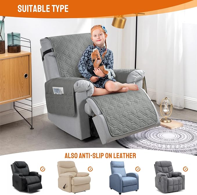 VANSOFY 100% Waterproof Recliner Chair Covers Washable, Gray, 23.6" | Non-Slip, Slipcover with Pocket, Furniture Protector, Elastic Straps, Chair Cover for Pets, Dogs - Image 4