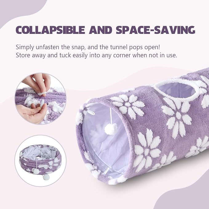 Straight Cat Tunnel for Indoor Cats 47"x12", Purple Flower | Cute Cat Toys, Collapsible Tunnel Tube with Hanging Balls for Puppy Kitten Rabbit - Image 6