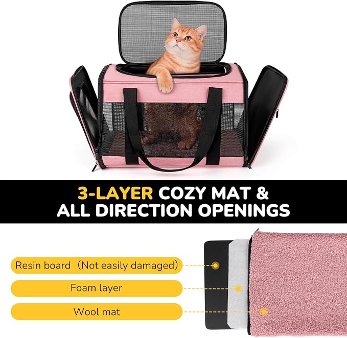 Hipubby Cat Carrier Dog Carrier for Pets Up to 16 Lbs, Soft-Sided Pet Travel Carrier for Cats and Small Dogs, Airline Approved Pet Carrying Case with Shoulder Strap & Removable Mat - Pink - Image 2
