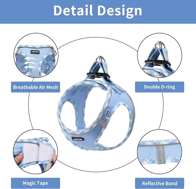 AMTOR Small Dog Harness with Leash Set, No Escape Easy Walk Puppy Harnesses for Training Walking, Step-in Reflective Soft Dogs Vest for XS S Medium Extra-Small Large Sized Dog(Blue/White,S) - Image 2