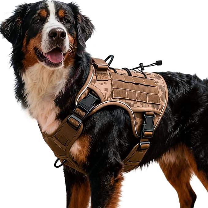 Heavy-Duty Tactical Dog Harness for Large Dogs, No Pull Adjustable Reflective Pet Vest with Molle System, K9 Military-Grade Control for Service Training, Outdoor & 10+ Breeds, Khaki Camo, XX-Large by Bruvoalon