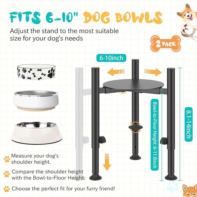 2 Pack Adjustable Dog Bowls Elevated Stand, 4 Heights, Wide 6-10" | Metal Raised Tall Single Food Bowl Holder, Sturdy Lifted Water Feeder for Medium Large Small Breed,H:8”/10”/12”/13.8” - Image 2