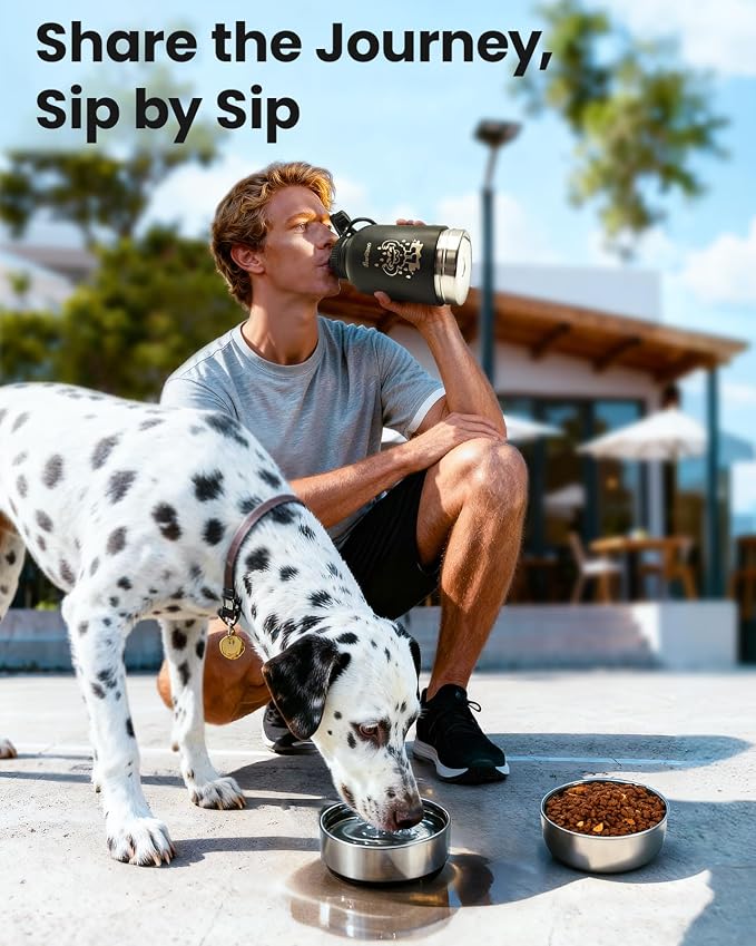 34oz Dog Water Bottle, Stainless Steel Dog Water Bottle Dispenser with Detachable Food & Water Bowls, Keeps Water Hot/Cold, for Walking, Hiking, Camping(Black) - Image 5