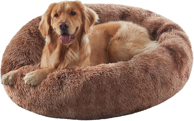 36 in Faux Fur Fluffy Donut Dog Bed for Large Dogs,Tie-dye Brown | Calming Plush Round Pet Bed with Removable & Washable Cover,Fits up to 80 lbs Pets by BedStillLoveStill