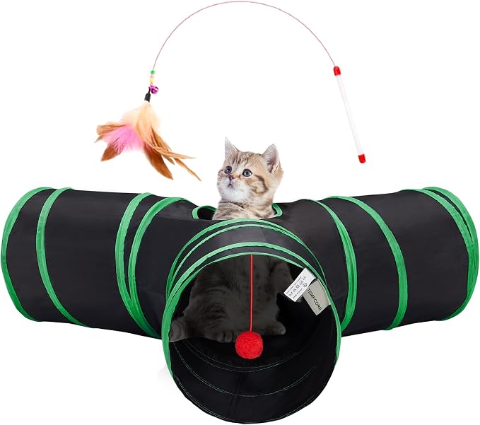 Tempcore Cat Tunnel for Indoor Cats, 3 Way Collapsible Pet Play Tunnel with Teaser Wand, Peek Holes & Hanging Ball, Interactive Tube for Kittens & Rabbits, Black & Green by Tempcore